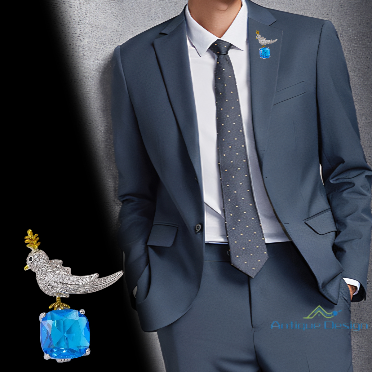 E-shop Klassischer Strass Vogel Anstecker - Blaue Edelstein Tier Brosche