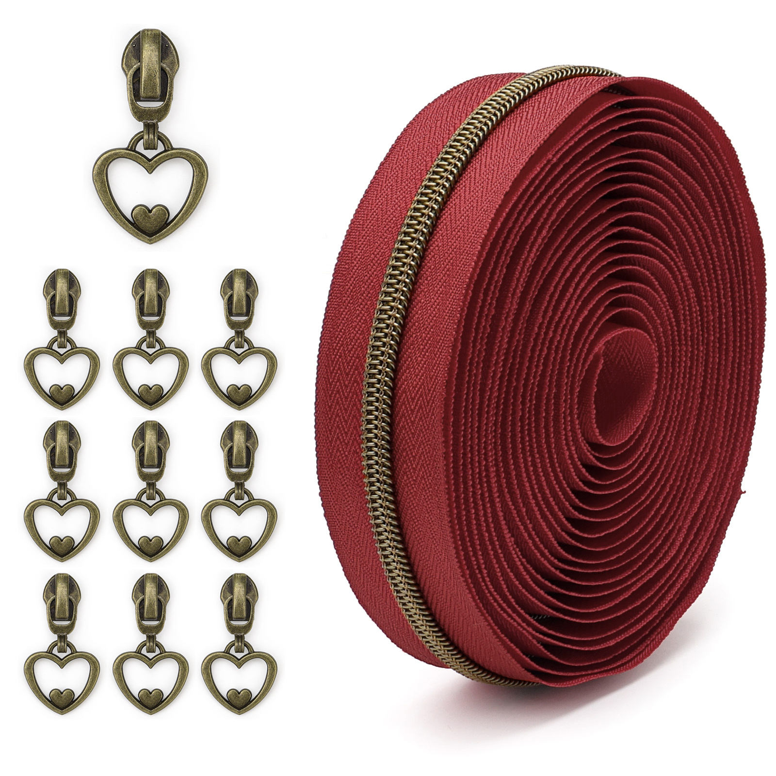 TEMU 5 Yard Zipper+10 Heart-shaped Zipper Heads, Antique Bronze Color Toothed Zipper, With Heart-shaped Zipper Heads, Suitable For Bags, Handmade