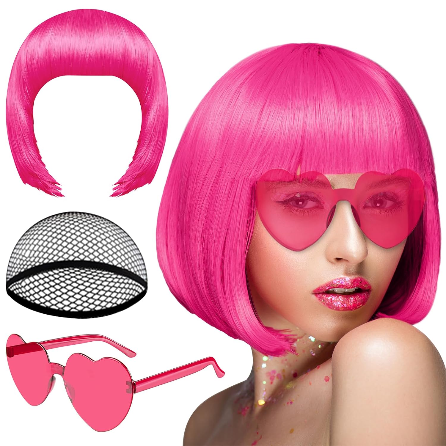 Temu: Short Bob Wig And Sunglass Set Neon Short Bob Wig Sunglass Pack Costume Colorful Cosplay Wig Hairpieces For Bachelorette Neon Party Favors Halloween Decorations