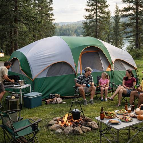 8 person tent coated polyester with sealed tent fly stand up height fits 8 sleeping bags or 3 mattresses divider curtain for room projector screen mesh roof door