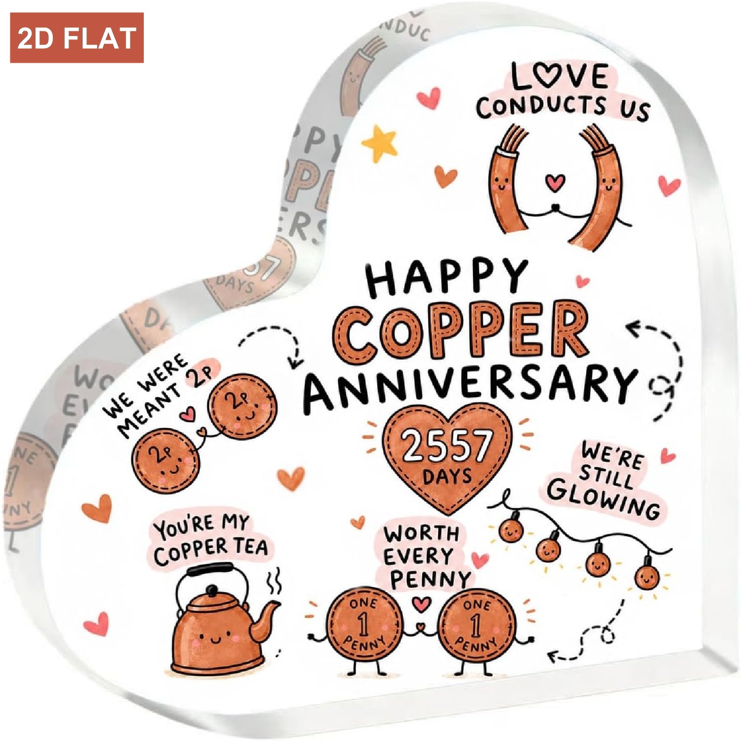 TEMU 2d Flat, 2d Flat Heart Acrylic Plaque 7th Copper Anniversary Gifts For Husband Wife 7 Years Wedding Keepsake Present Signs Desk Decor Penny 2557