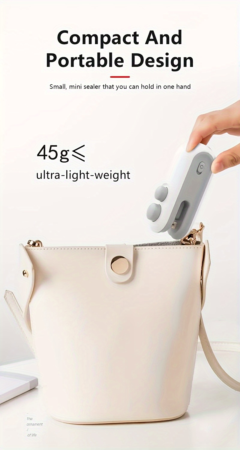 Portable USB Rechargeable Snack Bag Sealer with Cutter – Compact Heat Vacuum Sealer for Fresh Food Storage, 150mAh Lithium Battery, White & Gray Design, Ergonomic Handle for Easy Use, Ideal for Kitchen & On-the-Go Food Preservation, Onthego Sealing | Sleek Design | Durable Plastic, Reusable Food Storage Bags