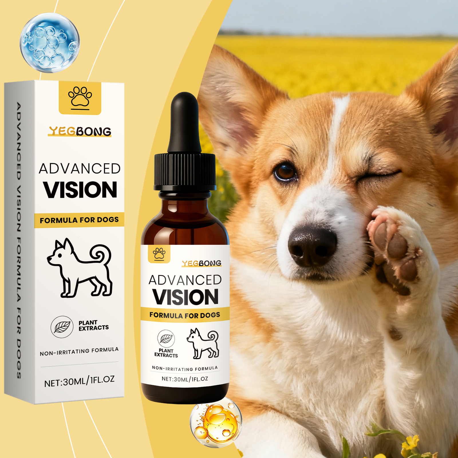 YEGBONG Advanced Vision Formula for Dogs, Improve Eye Clarity, Plant Extracts Eye Care Drops, Non-Irritating Gentle Formula, Supports Canine Eye Health & Visual Function, Daily Eye Care for All Dog Breeds, 30ML/1FL.OZ