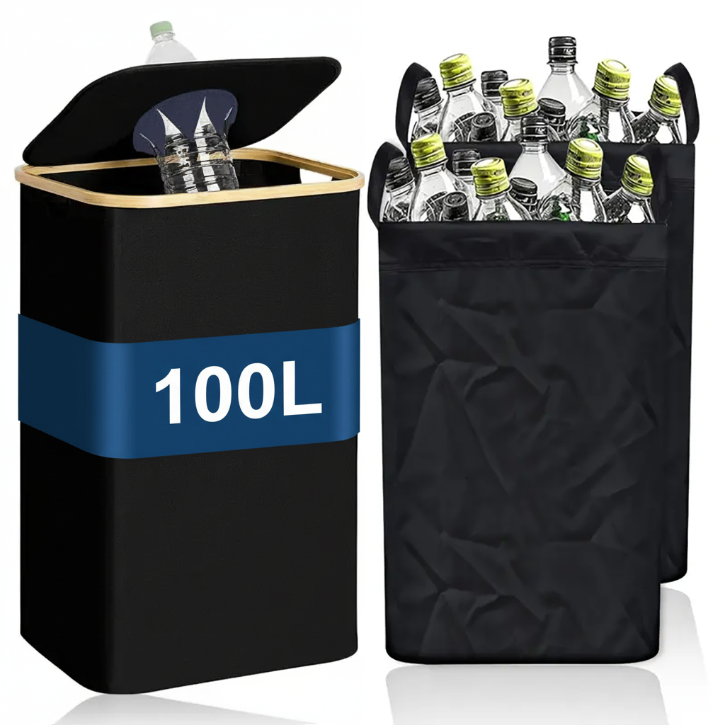 100l Bottle Collection Container With Lid, Black, Bottles & Glass Storage With Hole, Including Xxl Carry Bags, Foldable Trash Bin For Kitchen And Storage Room
