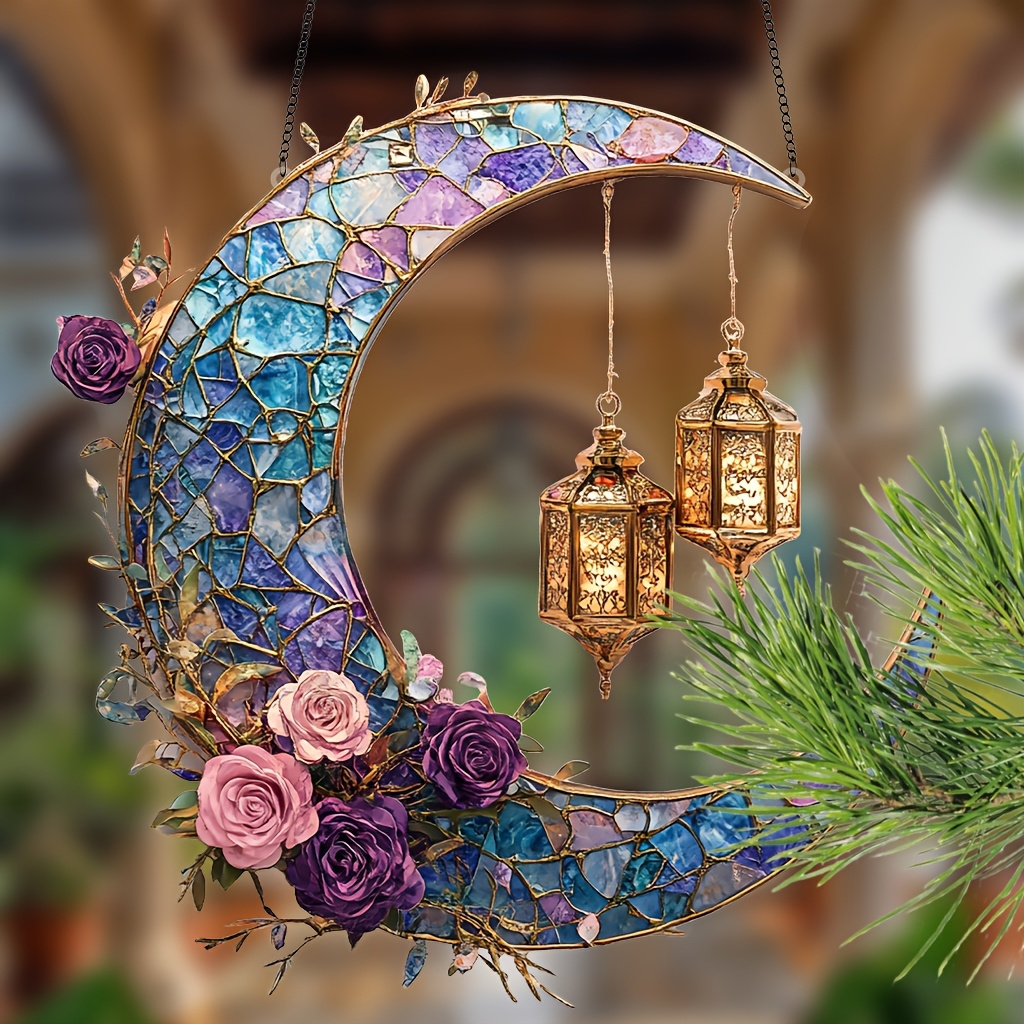 

Crescent , With Rose, Size 8.3 "x 8.7", Double-sided Acrylic Printing, Warm Lantern, Eid Theme, Wall And Window Hanging Decoration, Ramadan Holiday Gift