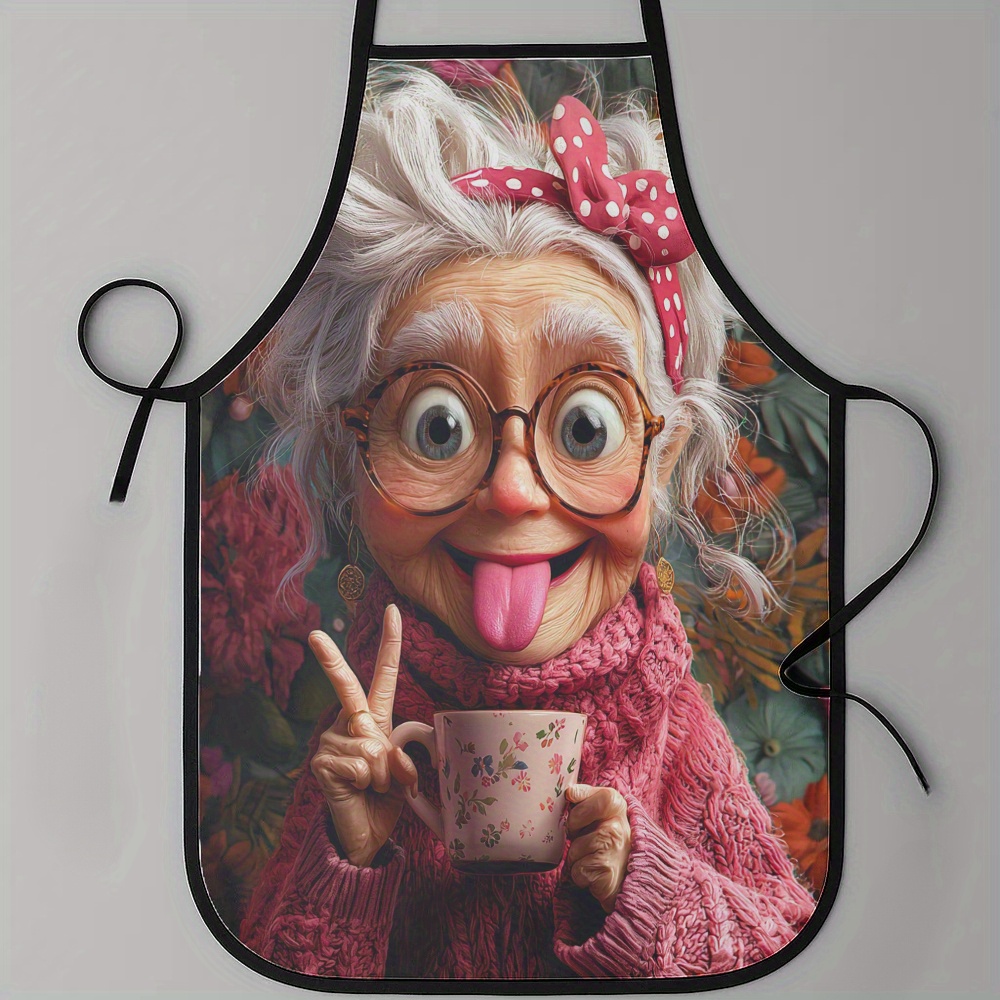 E-shop 1 Stück Lustige Oma-Kochschürze - mit rosa gepunkteter Schleife, langen Wimpern & Tasse - strapazierfähige Polyester-Kochschürze zum Backen,