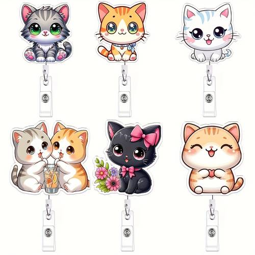 2d 6pcs set of 2d flat acrylic name badges featuring 6 artistic cartoon cat designs retractable and reusable acrylic name tags portable id badge holders for nurses teachers and students