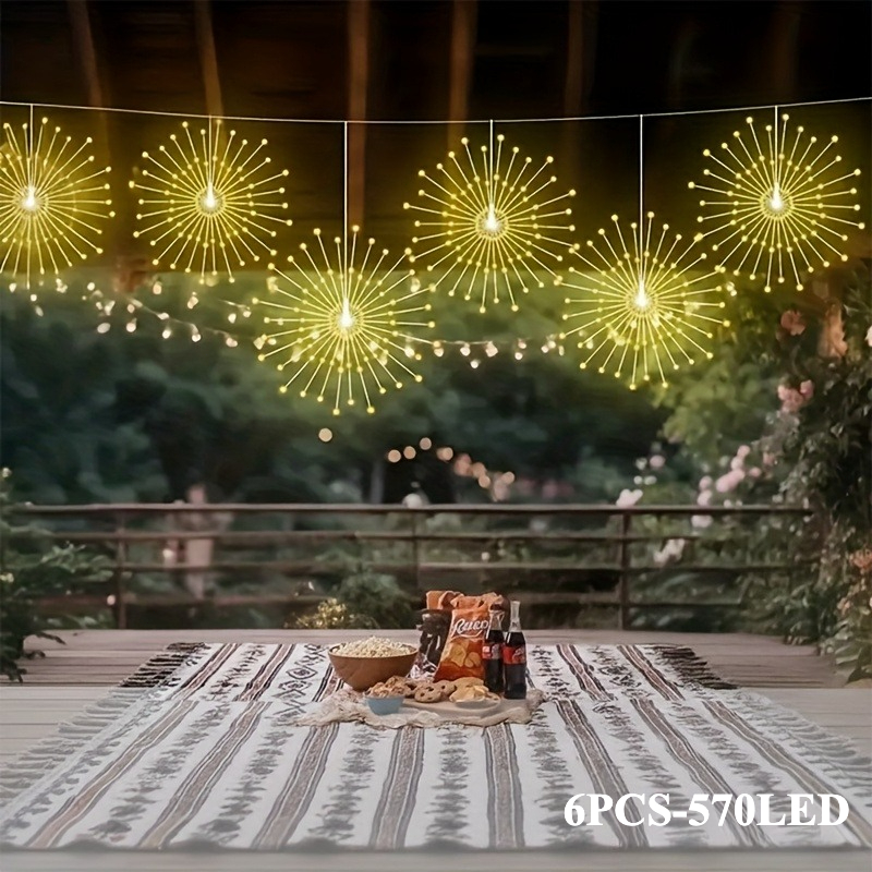 TEMU 6pcs 570 Led Hanging Firework Lights, Smart Light Sensing, Decorative Lights For Hanging, Ideal For , Gardens, Celebrations, Weddings, Halloween