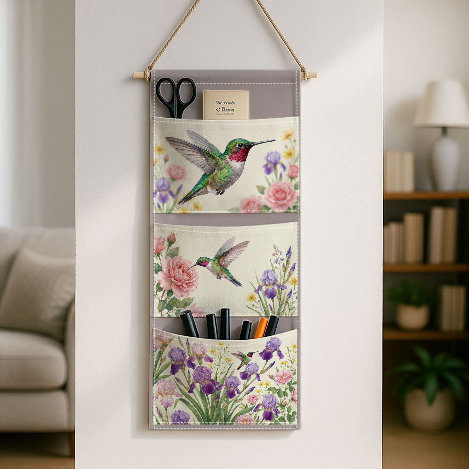 TEMU 1pc 2d Printed Vintage Botanical Floral Hanging Bag With 3 Pockets - Fabric Wall-mounted Storage Suitable For Bedroom, Living Room Decor, Color