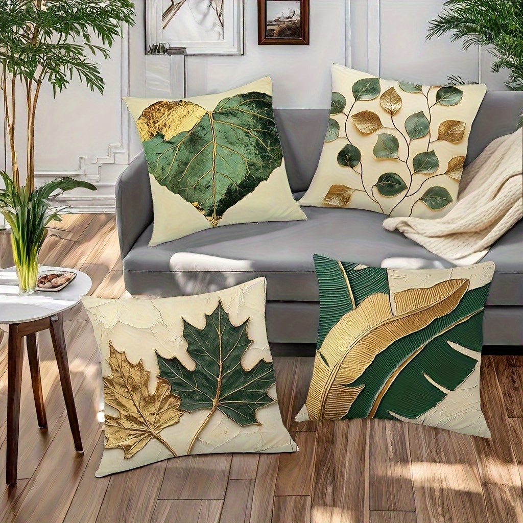 4pcs vintage botanical leaf print pillow covers double sided 2d flat printed soft plush decorative pillowcases with zipper closure multiple sizes for living room bedroom sofa machine washable home decor pillow covers for living room bedroom accessories   decor luxurious texture 2d flat Product details 0