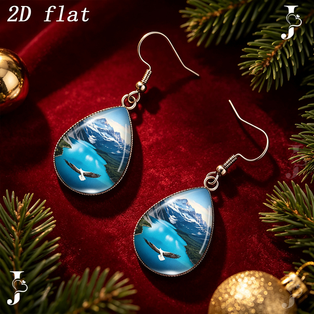 Teardrop Dangle Earrings with Snow Mountain Lake & Eagle Pattern