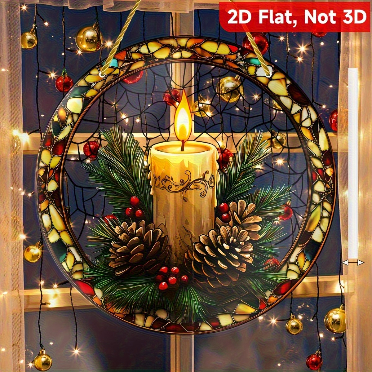 TEMU 2d Flat - 2d Plane, Candle Flower Style Acrylic Sun Catcher, Featuring Candles, Pine Cones, And Holly - Perfect For Home Decor And Holiday Gifts