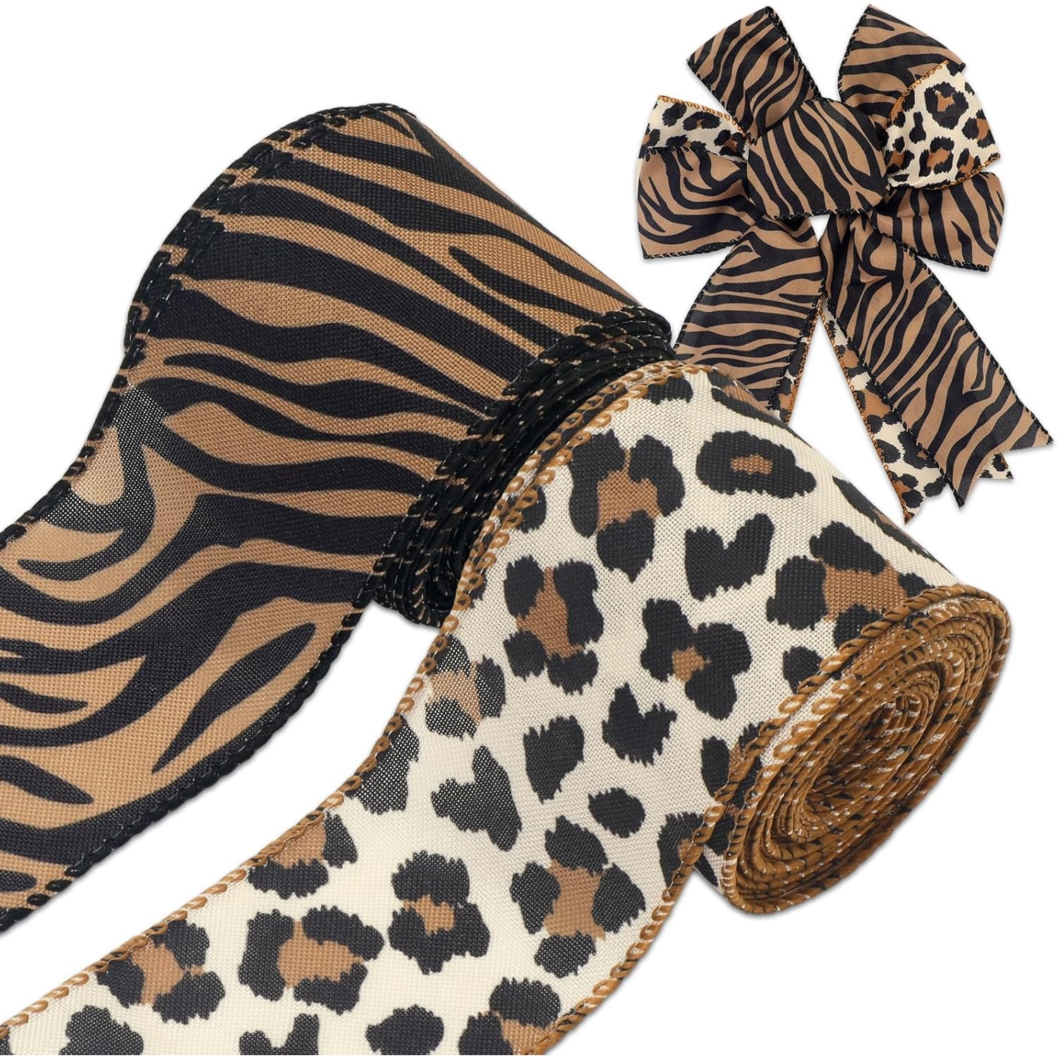 TEMU 2 Rolls Brown Animal Ribbon With Threaded Edges Suitable For Wreaths, Bows, Diy Crafts & Gift Wrapping - Zebra & Prints, Threading Suitable For