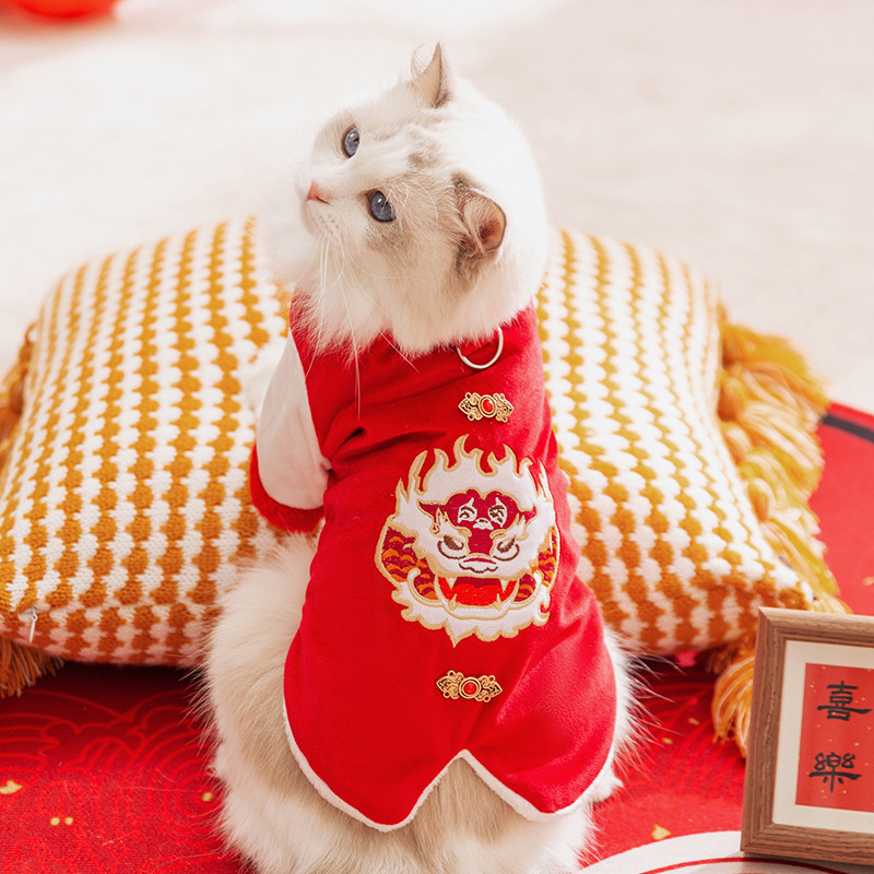 new year cat clothes autumn winter chinese dress blue cat haircut cat pet  cat clothing, without battery - pet supplies - Temu
