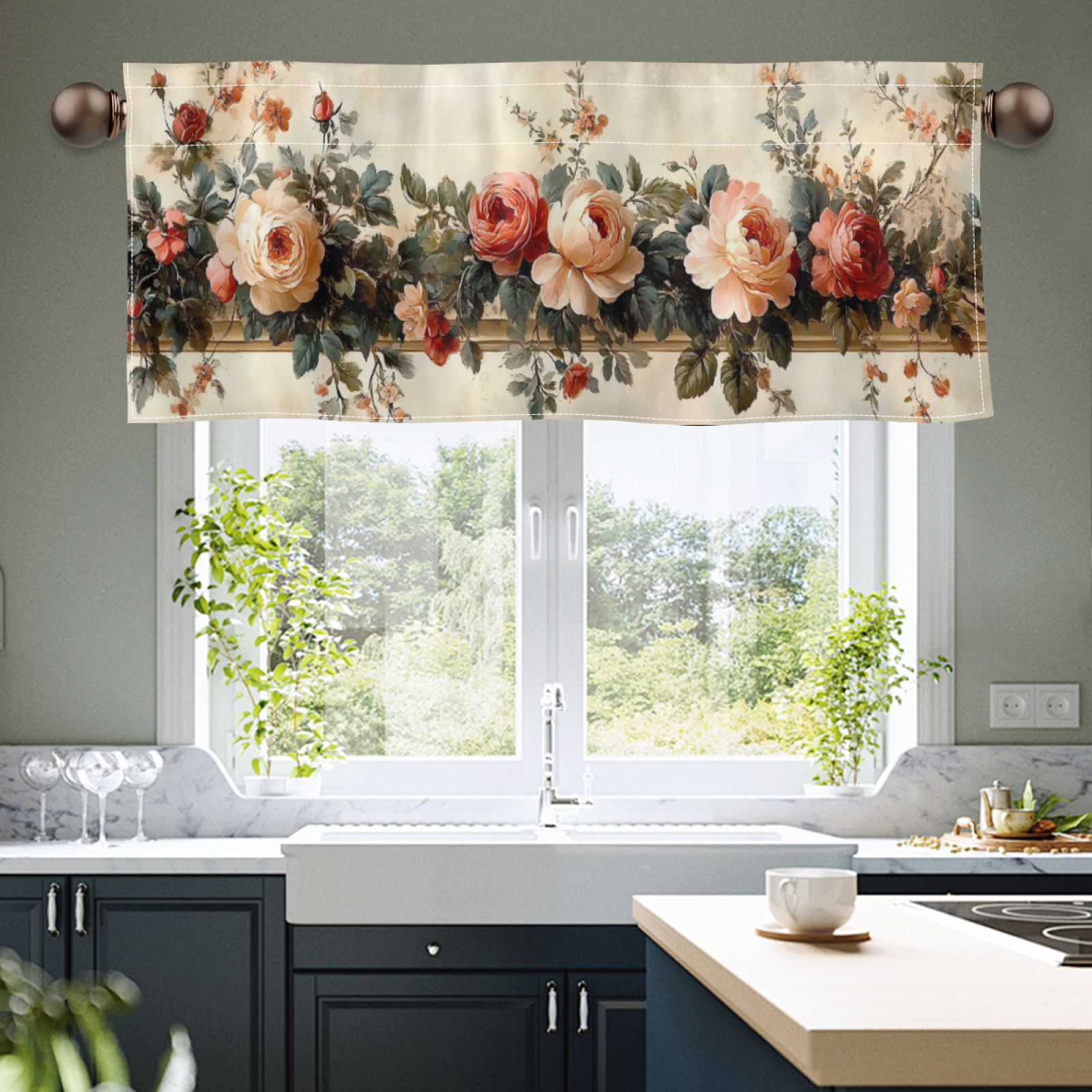 

Chic Pink Floral Oil Painting Valance - Semi-sheer, Rod For Kitchen & Bathroom Windows - Polyester Home Decor