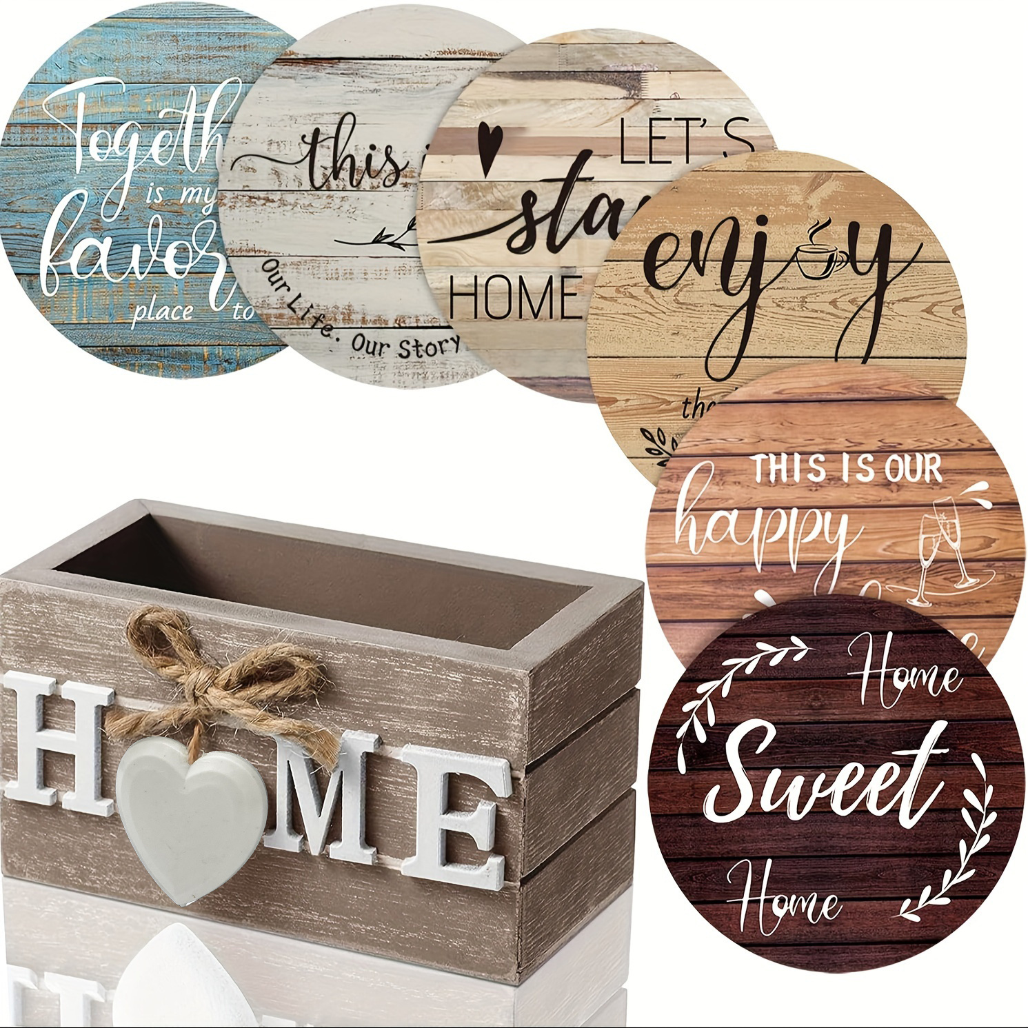 

6pcs Coaster Set With Holder - Rustic Farmhouse Drink Mats For Home Decor, Perfect Housewarming Gift