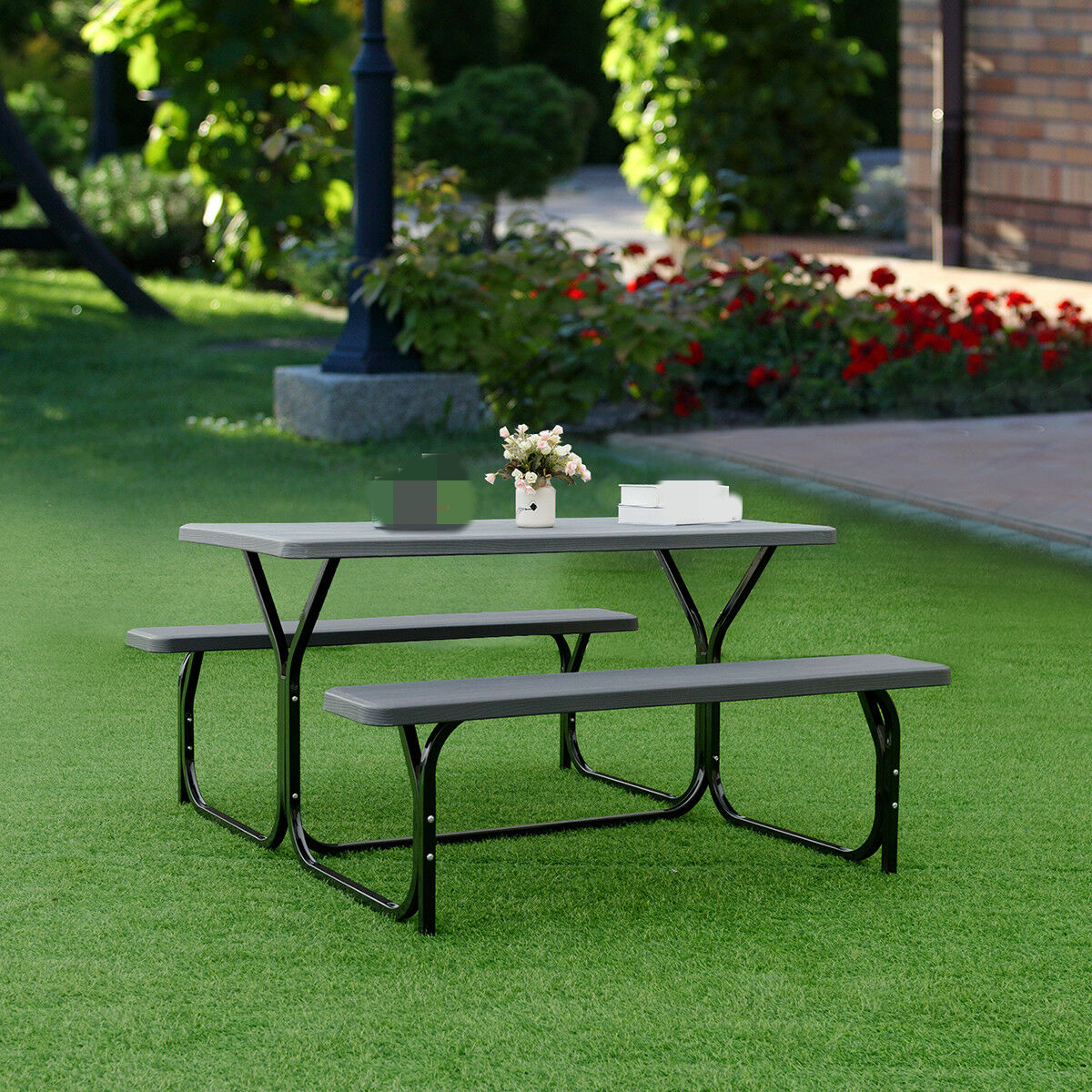 TEMU Costzon Picnic Table Bench Set | Outdoor Camping All Weather Metal Base, Wood-like Texture, Plastic Top, Backyard Poolside Dining, Party Garden