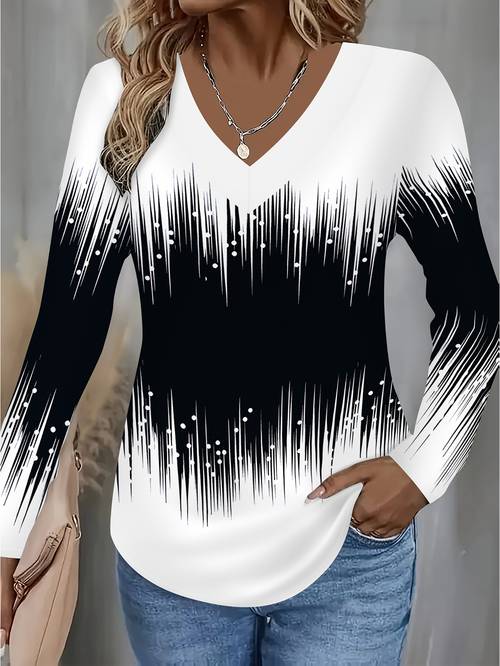 item picture womens v neck gradient blouse long sleeve casual fall winter top with black to white opaque color transition machine washable sweshirt for or semi formal wear