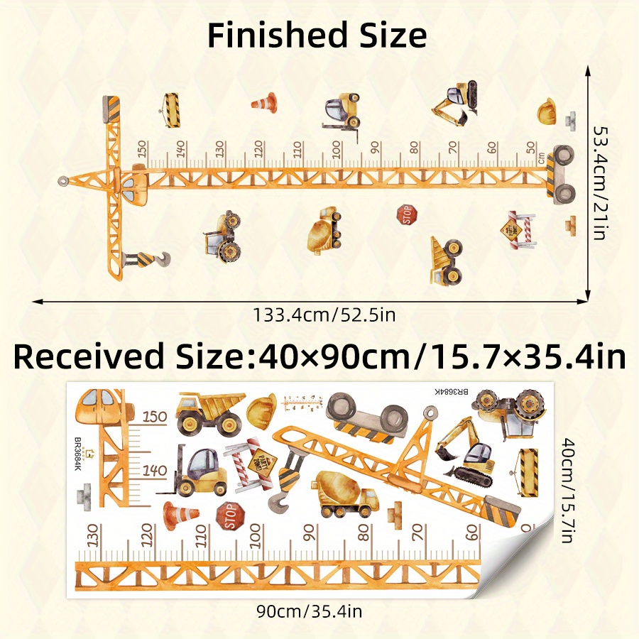 Image of 1pc Brup ' Removable Growth Chart Sticker - Self-adhesive Room Wall Decal With Crane & Vehicles, Height Measurement Tool, Large 15.7"x35.4" Nursery Decor For Kids, & Stick Milestone