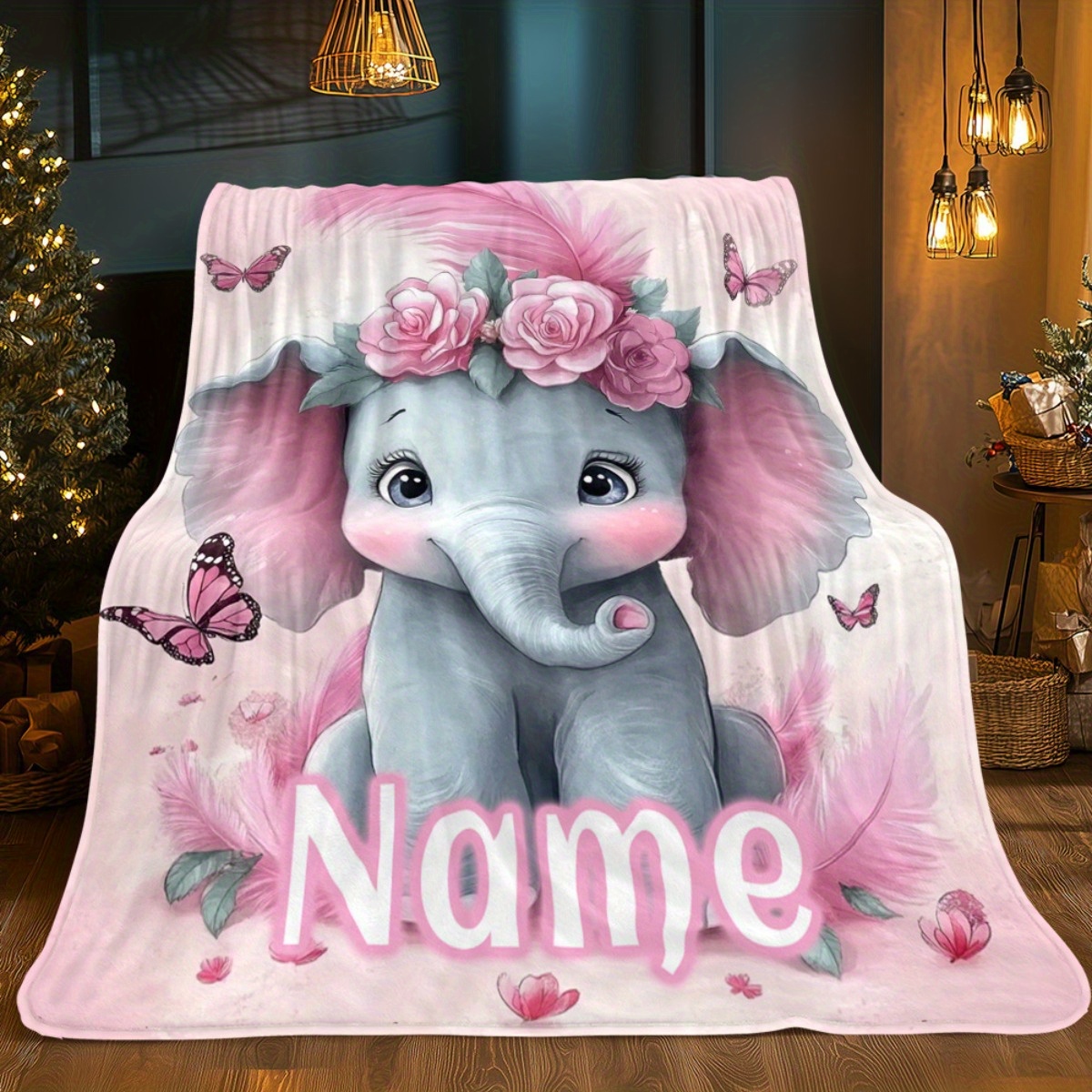TEMU 1pc Personalized Elephant With Flower Crown Portable Blanket - Lightweight Throw For Sofa, Bed, Travel, Camping, Living Room, Office, Couch,
