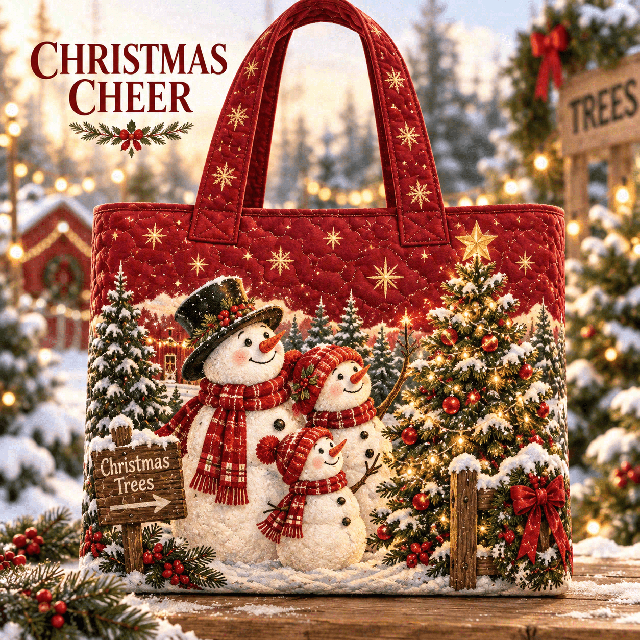 TEMU Quilted Tote Bag For Women, Snowman Family Christmas Tree Starry Red Print, Classic Festive , Large Capacity Fabric Tote Bag For Shopping,