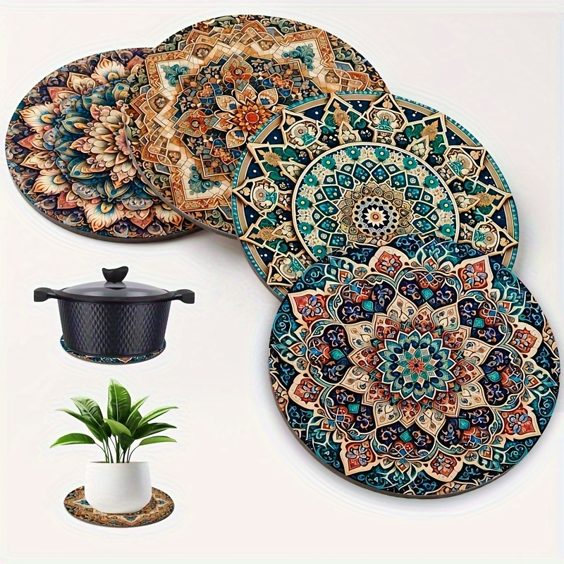 Image of 4pcs Vintage Multicolor Mandala Wooden Coasters - Round Heat-resistant, Non-slip, Easy-clean , Anti-slip Hot Mats, Suitable For Kitchen, Dining Table, Countertop, , Perfect Gift For , Family