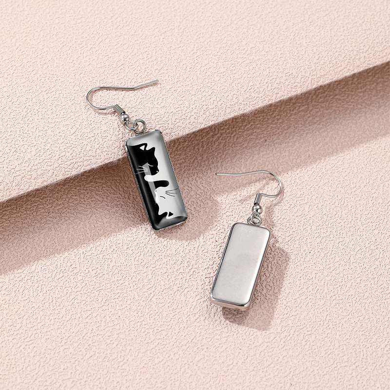 Cute Yin-yang Cat Illustration Rectangular Hook Earrings