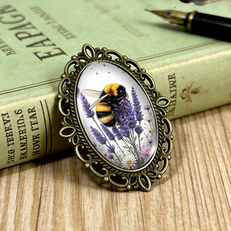 TEMU 1pc Lavender Bee Illustration Brooch Oval Lace- Glass Brooches Clothing Backpack Accessory Ideal Gift