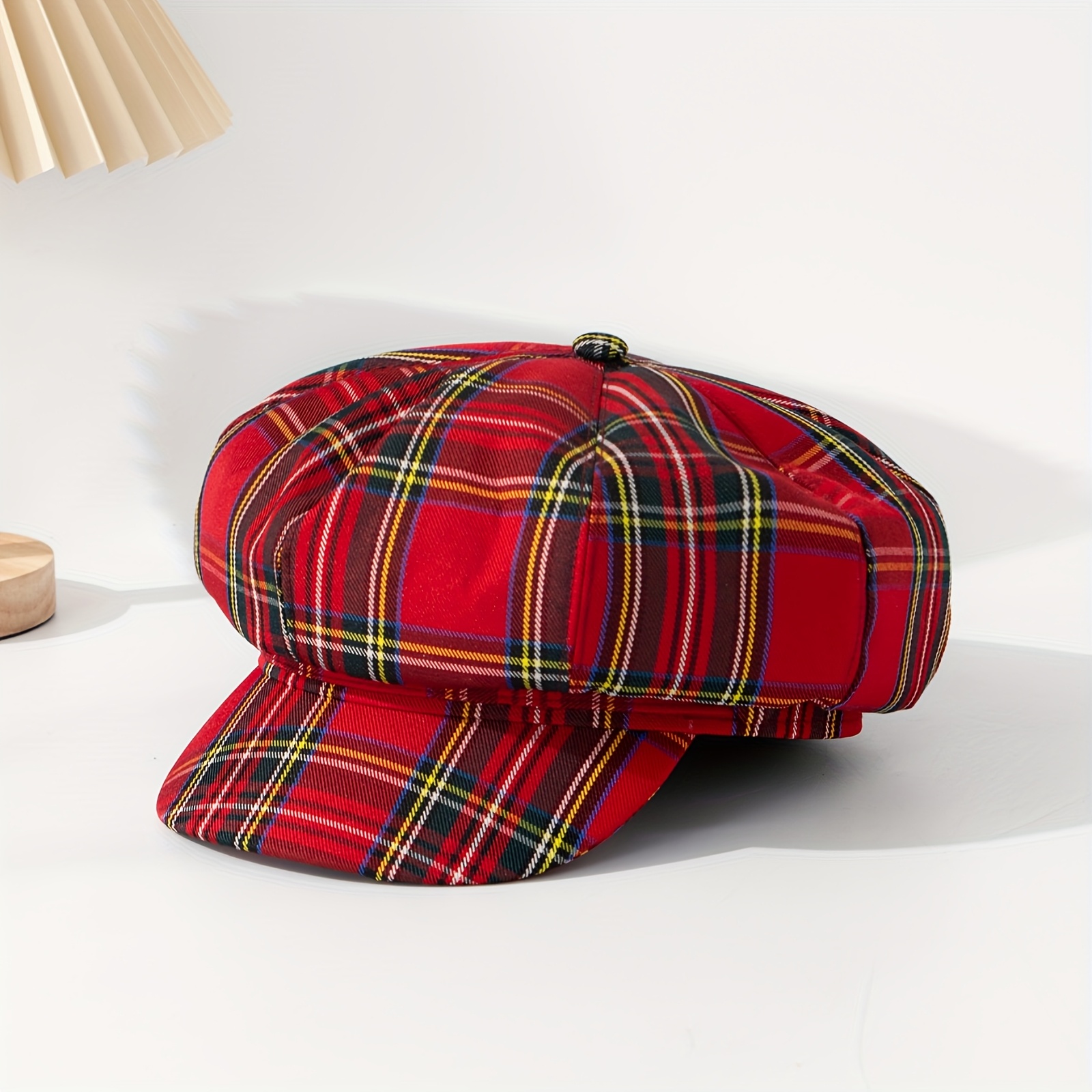 TEMU Ladies' Red Checkered Newsboy - Vintage British Style, Lightweight Octagonal Edge, Checkered Design (red/green/), Breathable And Durable Winter