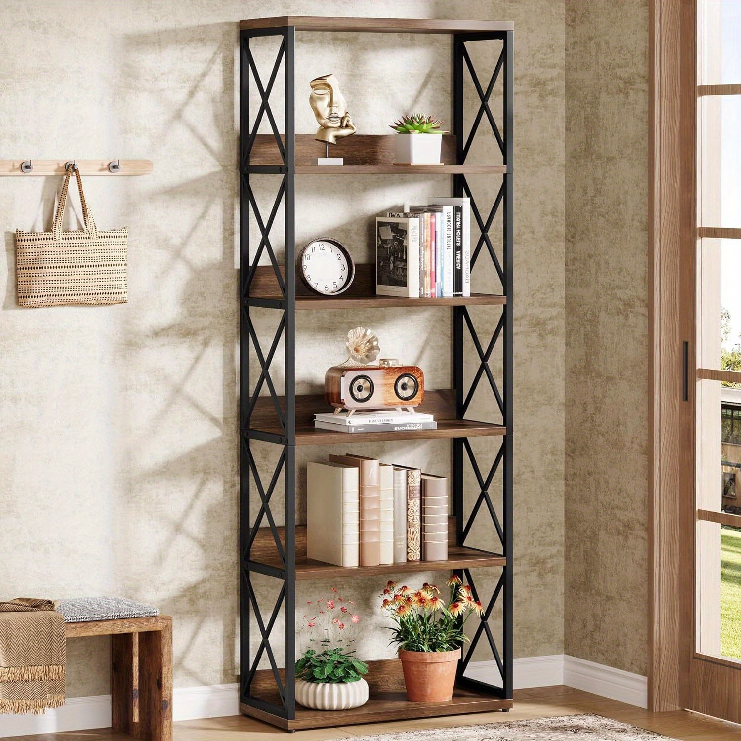 5-tier Industrial Bookshelf, 70-inch Tall Etagere Bookcase With Open Shelves, Vintage Floor Standing Book Shelf Display Storage Shelving Unit For Home Office Bedroom Study (1)