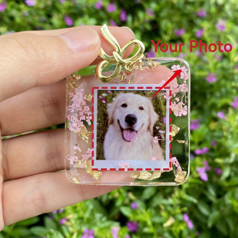Image of Square Personalized Photo Keychain With Bow - Customize Your Photo, Pink Flower Resin Photo Keychain, Personalized, Anniversary Gift, Photo Keychain, Pet Memorial