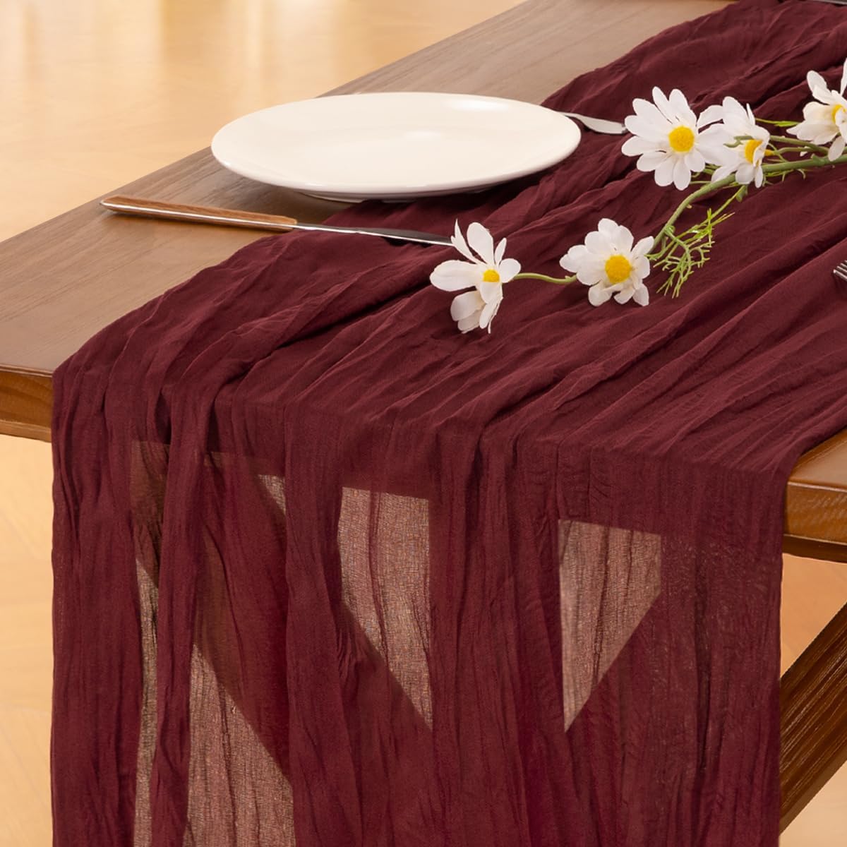 Image of 10ft (120") Lilac Boho Rustic Cheesecloth Table Runner - Reusable Or Stained Color Cloth For Wedding, Baby Shower, Birthday Party, Christmas & Thanksgiving Decor - Gauze Runner For Home Dining Tables