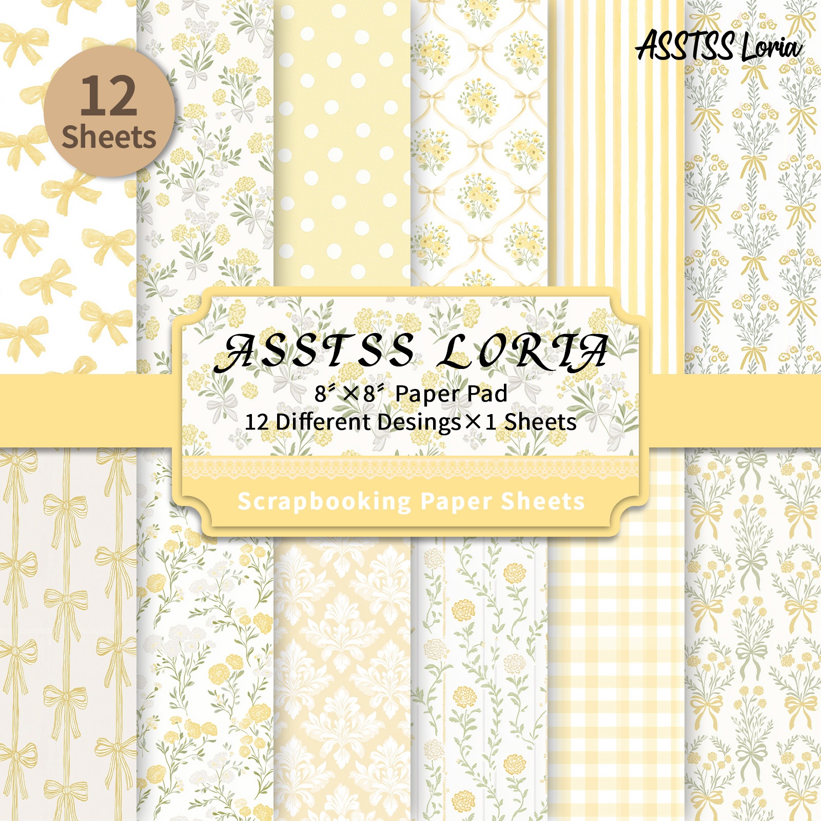 TEMU 12-sheet Asstss Loria 8x8 Inch Scrapbooking Paper Pad, Watercolor Yellow Floral Backing Paper Supplies, Heavyweight Cardstock For Journaling,