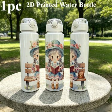 Botella de agua de 1 pieza de 750 ml/25 oz, vaso de plástico reutilizable de 25 oz con tapa a prueba de fugas y correa, con estampado 2D de una chica trenzada con vestido azul sentada en un banco, leyendo un libro con un sombrero floral y un maletín al lado. Bebida portátil adecuada para