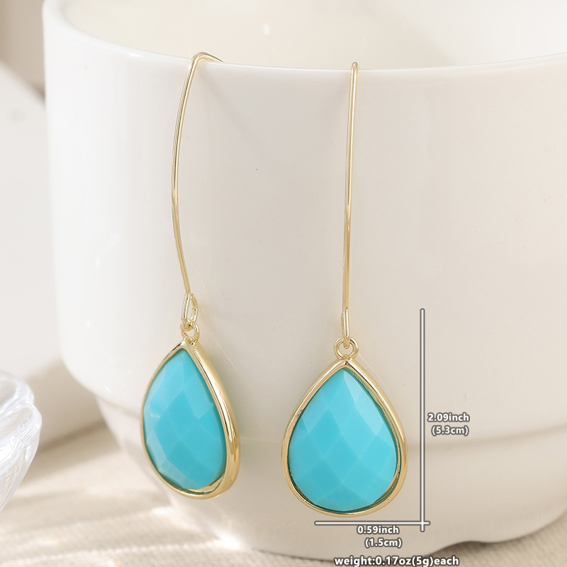 Golden Hook Long Teardrop Blue Resin Dangle Earrings, Elegant Gift