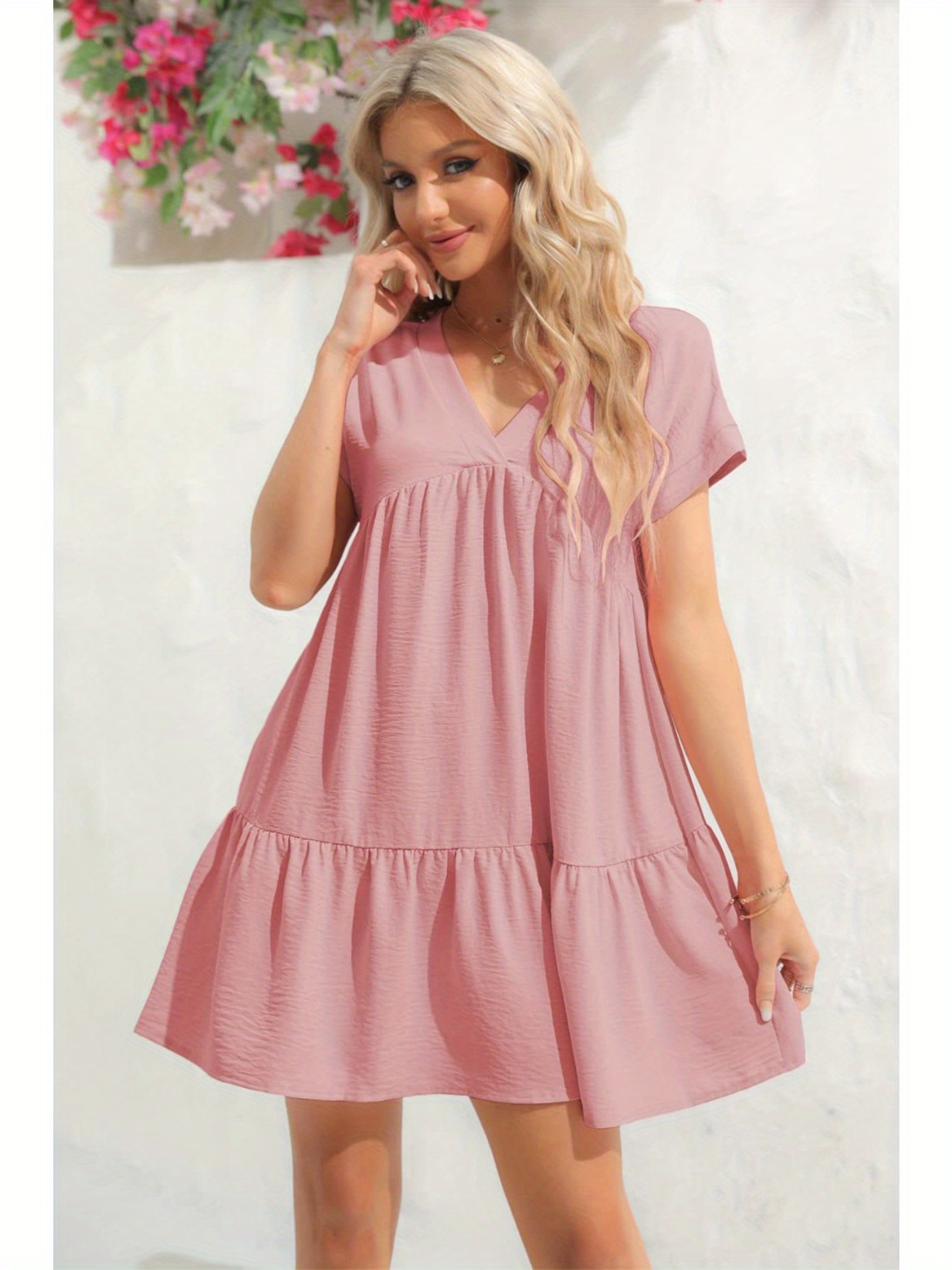 Women's V-Neck Flowy Babydoll Dress Summer Short Sleeve Straight Loose Casual Summer Mini Tunic Dress