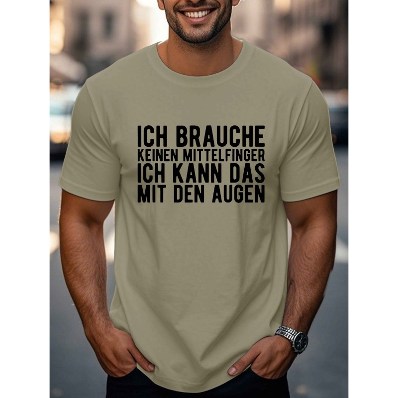 

Men's Olive Green Casual T-shirt With Humorous German Quote - Short Sleeve, Polyester, Summer Top, Machine Washable