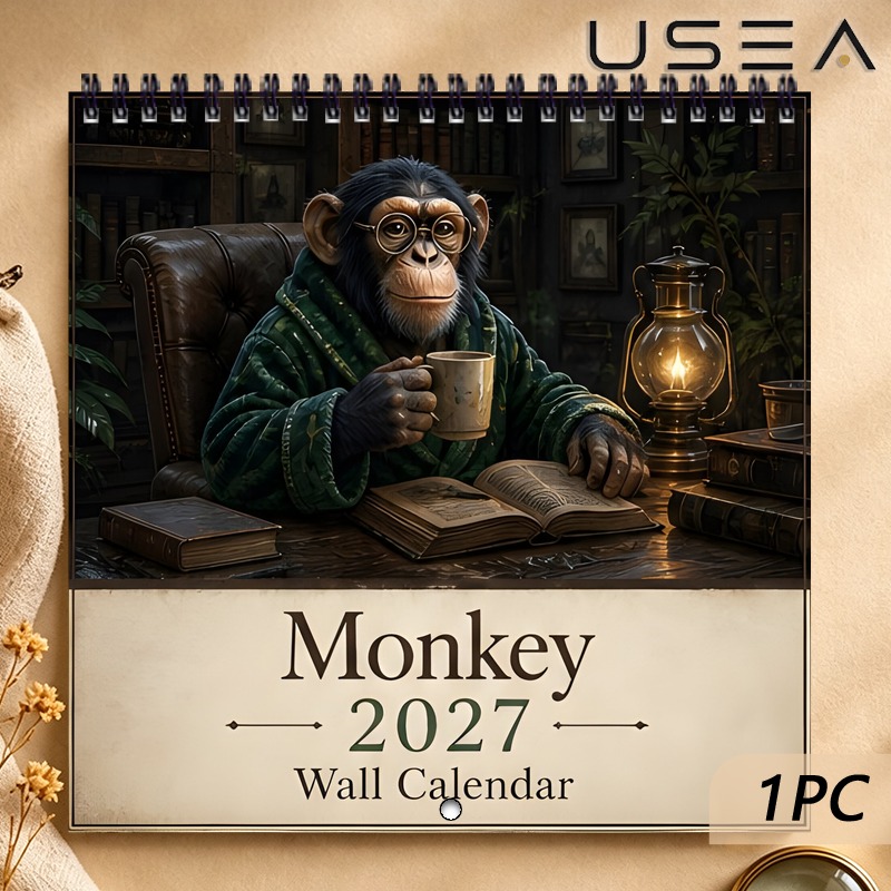 TEMU 2027 Wall Calendar, 2027 Wall Calendar, 12-month Monthly Planner & Habit , Twin Wire Spiral Bound, Vintage Monkey Themed, Perfect Gift For Mom,
