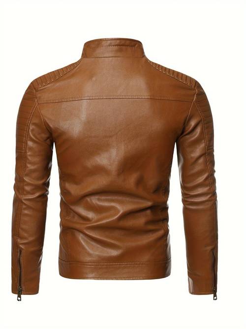 mens fit biker jacket stand collar zipper closure non stretch fabric solid color casual motorcycle jacket for casual attire biker jacket