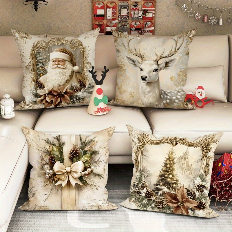 4pcs velvet santa claus   bow pillow covers vintage   comfortable soft decorative pillow covers single side printing suitable for christmas new year celebration and winter living room sofa decoration pillow core not included christmas throw pillows christmas decor   decor classic holiday design elegant christmas decor comfortable material soft fabric decorative cushions festive throw pillows holiday   interior designers