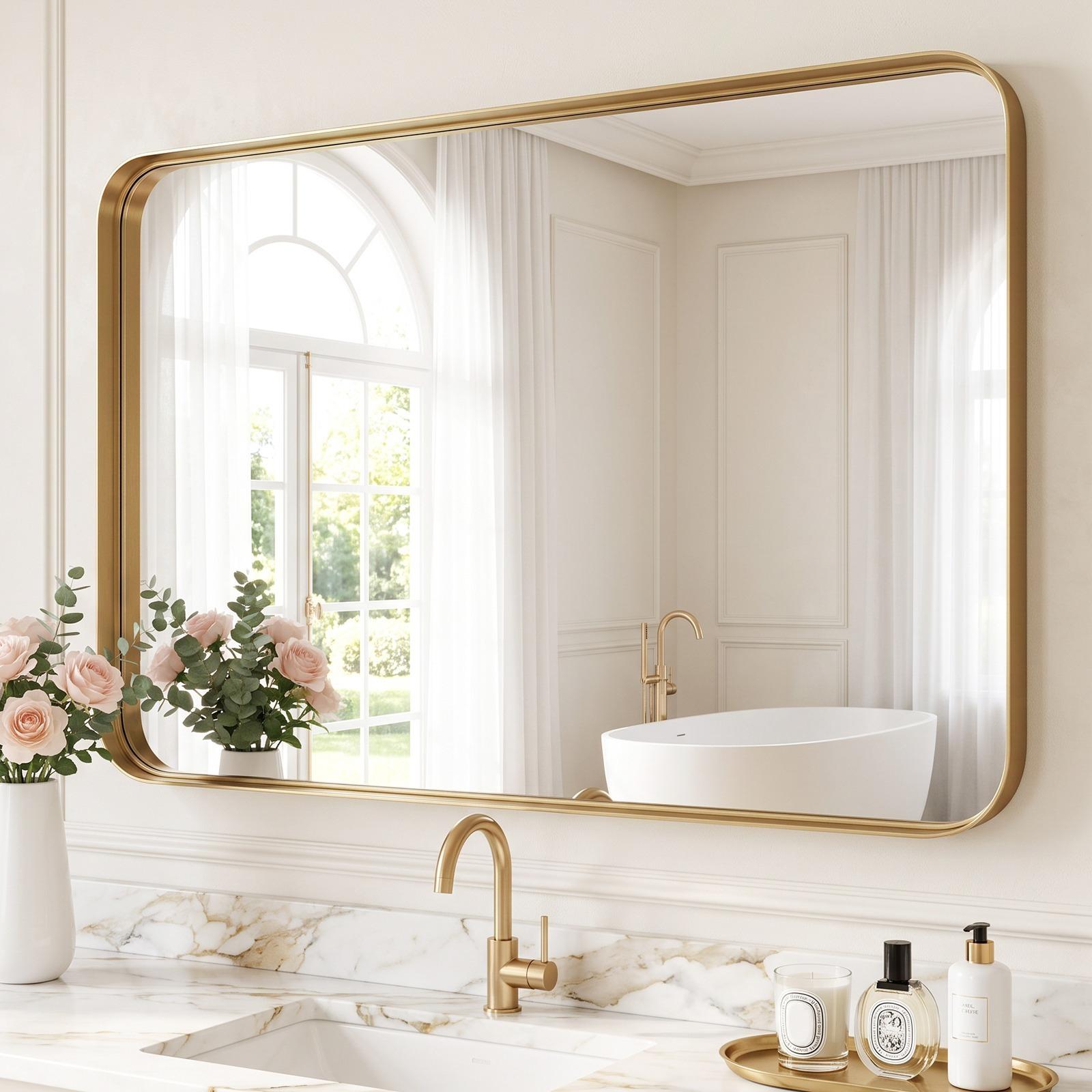 Image of 75x100cm Wall Mounted Bathroom Vanity Mirror, Rounded Rectangle Matte Brushed Metal Frame Mirror For Bathroom Over Sink, Anti Rust Tempered Glass, Dual Orientation Hanging