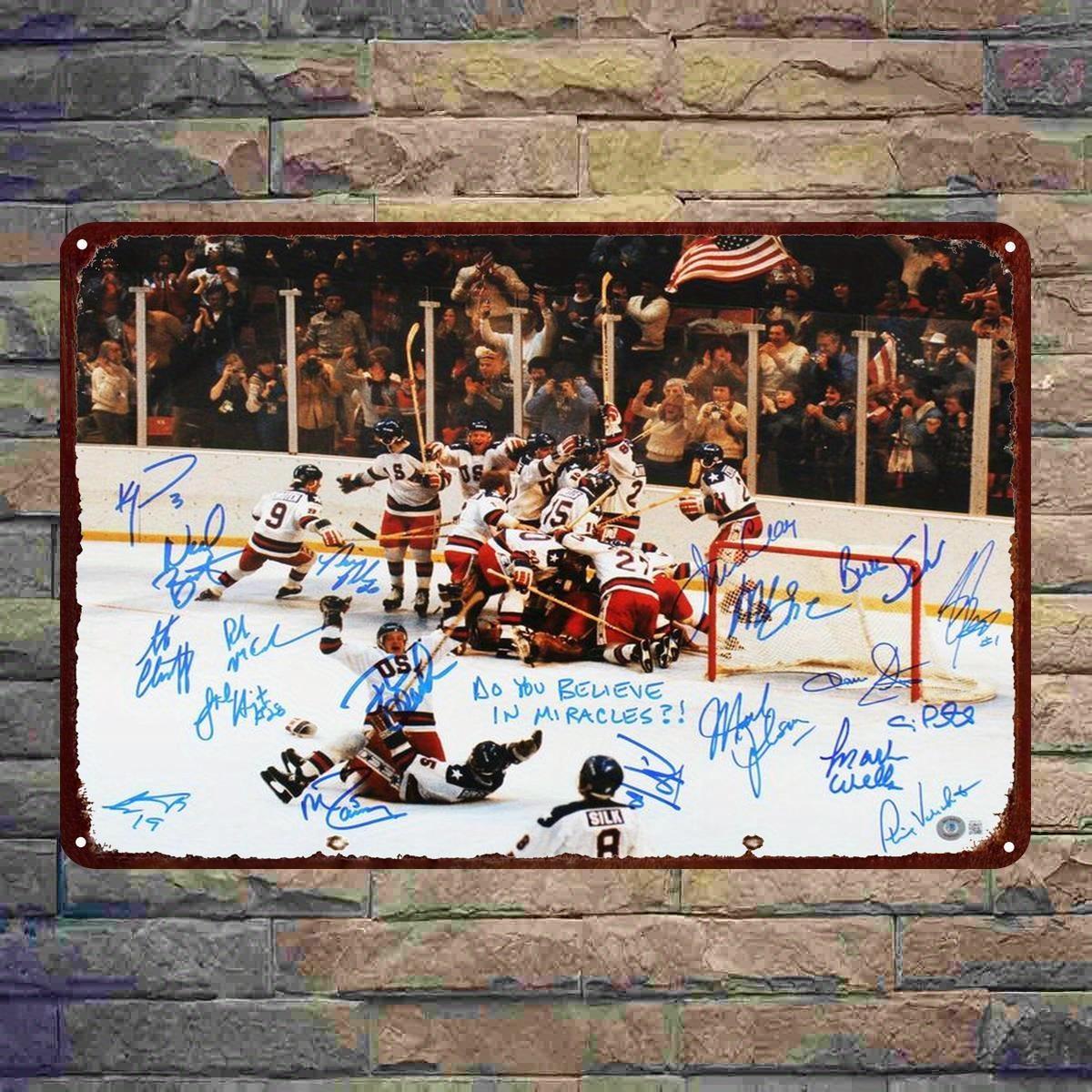 TEMU 2d Flat, 2d Flat Design, A Vintage Metal Poster Signed From A Hockey Game - Featuring And A Cup Celebration Scene - 8x12 Inches Nostalgic Sports