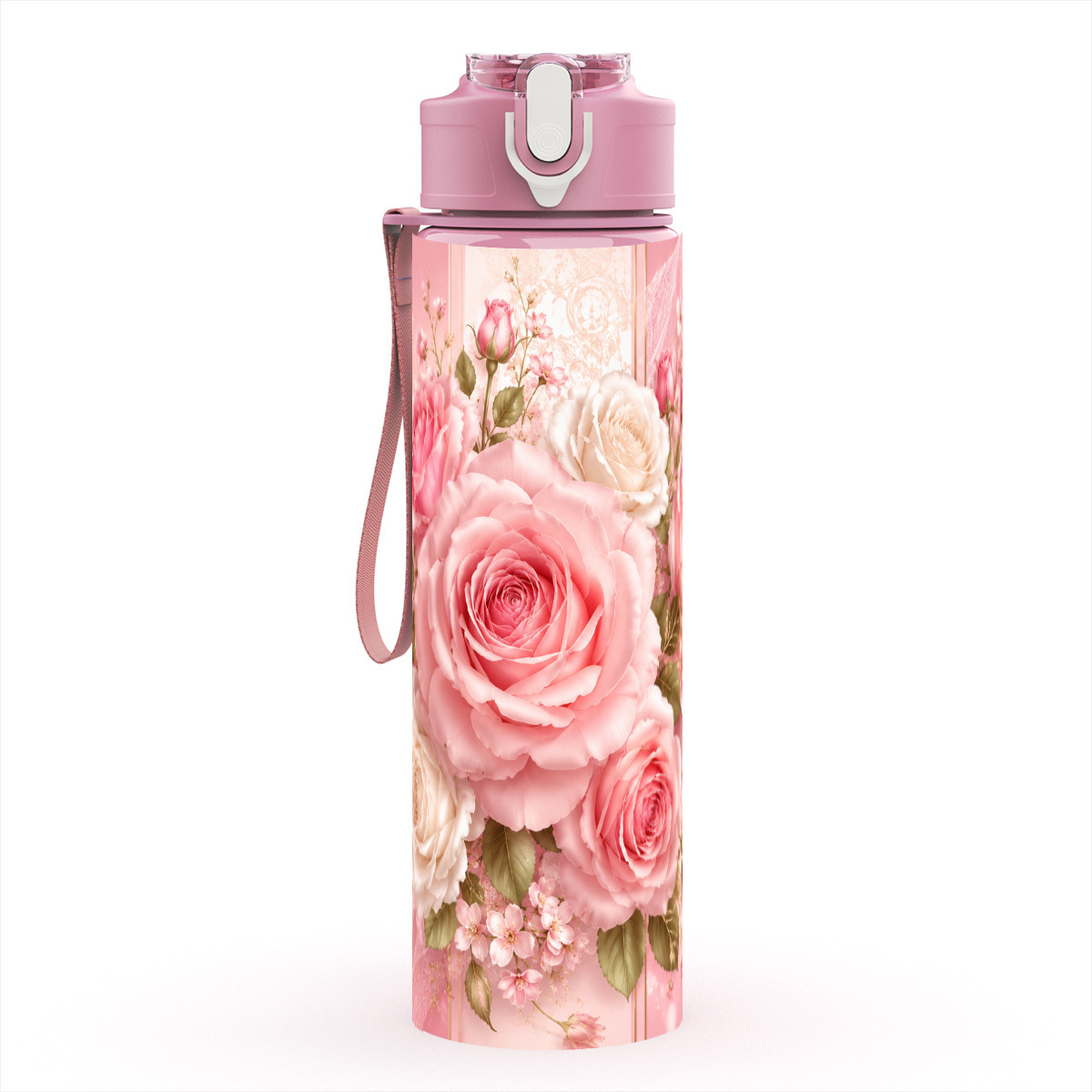 TEMU 1pc Dewdrop Pink Rose Bouquet Water Bottle - Reusable Leakproof Plastic Suitable For Travel, Sports,, Camping With Lid, Lightweight Uv Printed
