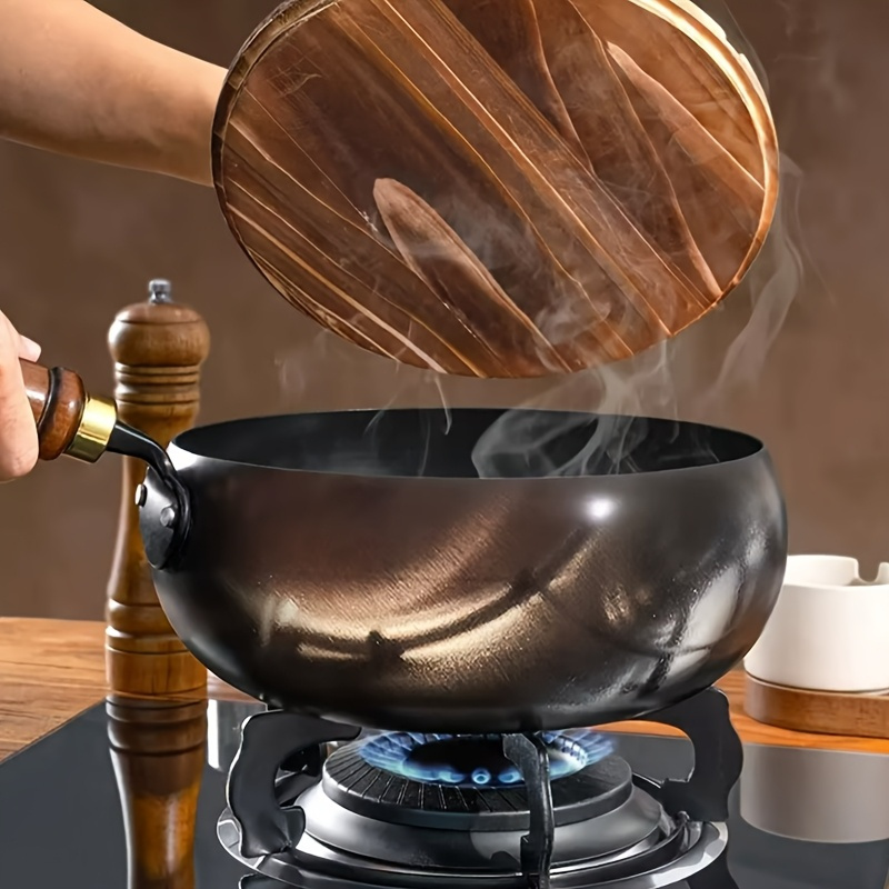 1pc ever blooming heavy-duty cast iron pan with lid -   heat distribution &  ,   easy- , sturdy natural wooden-like handle - for searing, frying, boiling, baking - compatible with all stovetops (gas, electric, induction, oven) - ideal for home cooks, professional kitchens, gifts - durable cast iron construction, kitchen cookware,  ,   cookware, searing  , cooking enthusiasts 0