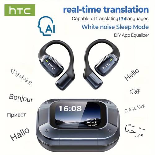 htc ne25 kabellose open-ear-kopfhörer, wireless v6.0, geringe anrufverzögerung, ausgestattet mit -130-sprachen-ai-übersetzungsfunktion – hd-lcd-display, 60 stunden akkulaufzeit inklusive ladehülle