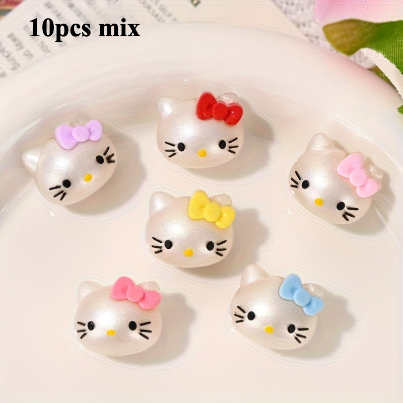 E-shop 10 Stück Sanrio Hello Kitty Gummi Perlen Charms | Niedliche Cartoon Katzen Designs mit Schleifen, Löchern für Schlüsselanhänger, Handybänder,