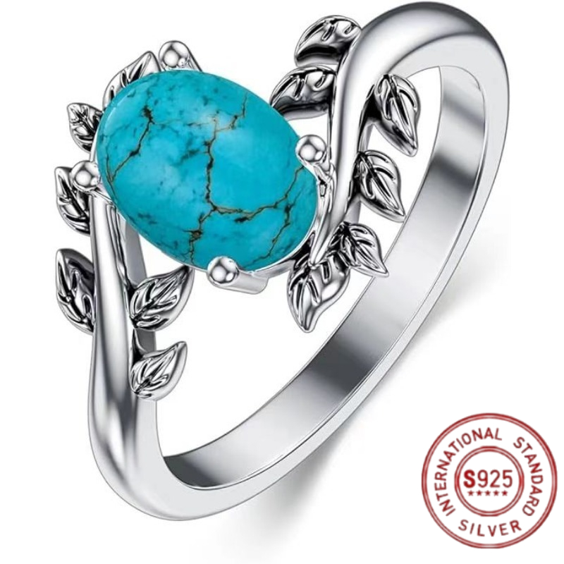 TEMU 1 S925 Sterling Silvery 1.77g Retro Leaf Shaped Turquoise 's Ring - Bohemian Style Suitable For Engagement, Wedding, Bride Wearing, Valentine's