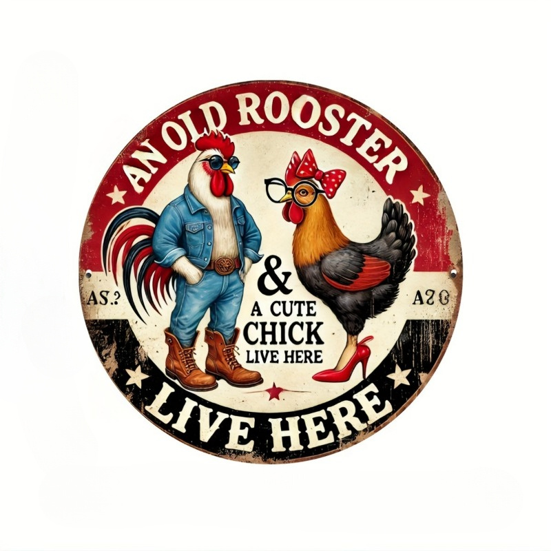 

7"x7" Vintage Wooden Sign With Rooster & Chick In Glasses - Rustic 'live Here' Wall Art, Home Decor, Bars, Cafes, Garages, Farmhouses