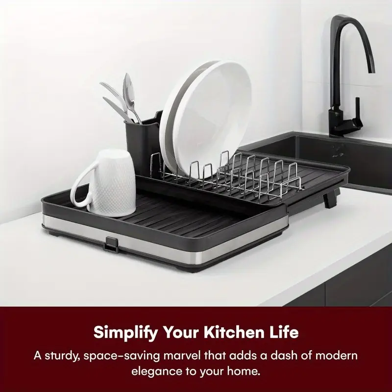 heavy duty expandable dish drying rack space saving adjustable kitchen organizer extra wide dish rack expands from 11 8 to 20 wide rust resistant aluminum for plates pots utensils compact storage black kitchen dish drying rack utensil holder durable construction apartment living sturdy construction home cooks Product details 1