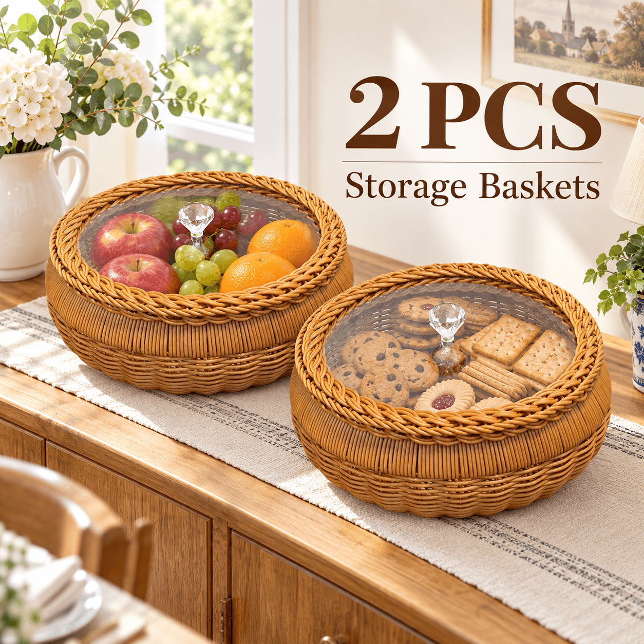 TEMU 2 Pack Round Storage Baskets With Clear Lids, 30cm Woven Look Plastic Bread Basket, Fruit & Snack Storage Container For Kitchen Counter, Dining